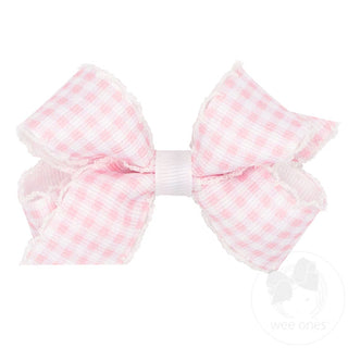 Wee Ones Mini Gingham-Printed Grosgrain Hair Bow with Moonstitch Edge - Pink/White