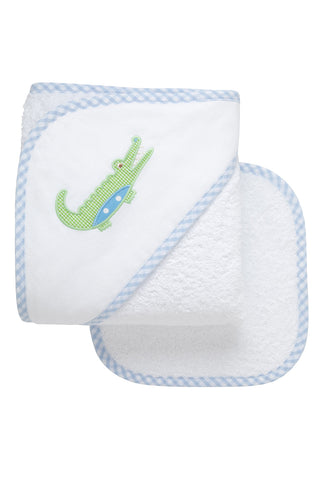 3 Marthas Baby Hooded Towel & Washcloth Set - Blue Alligator