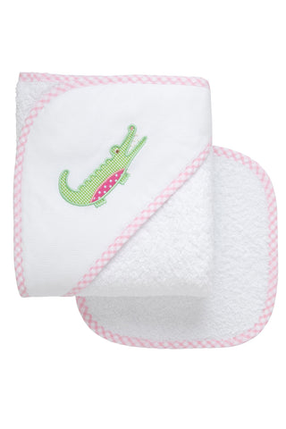 3 Marthas Baby Hooded Towel & Washcloth Set - Pink Alligator