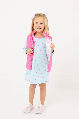 The Beaufort Bonnet Company Long Sleeve Polly Play Dress - Heart Eyes (Belhaven Blue) with Winter Park Pink