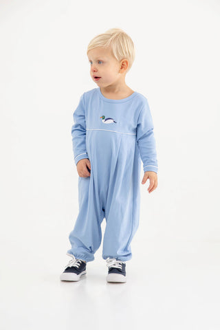 The Beaufort Bonnet Company Long Sleeve Bradford Romper - Sarasota Sky & Worth Avenue White with Duck Embroidery