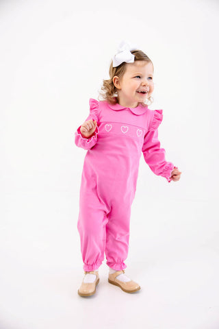 The Beaufort Bonnet Company Biltmore Romper - Winter Park Pink with Heart Embroidery