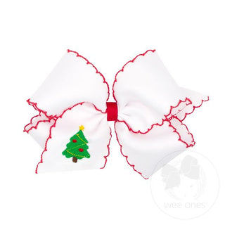 King Grosgrain Hair bow with Moonstitch Edge and Christmas Tree Holiday-themed Embroidery