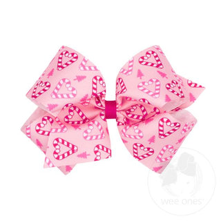 King Holiday-themed Pink Candy Cane Printed Grosgrain Hair Bow