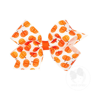 Wee Ones Medium Grosgrain Hair Bow - Harvest White Pumpkin Print