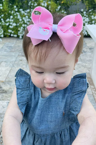 Wee Ones Medium Grosgrain Hair Bow with Moonstitch Edge - Pink Santa