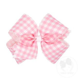 Wee Ones King Moonstitch Hair Bow in Pearl Pink Gingham Print Pearl