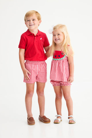 The Beaufort Bonnet Company Sheffield Shorts - Richmond Red Gingham with Belhaven Blue Stork