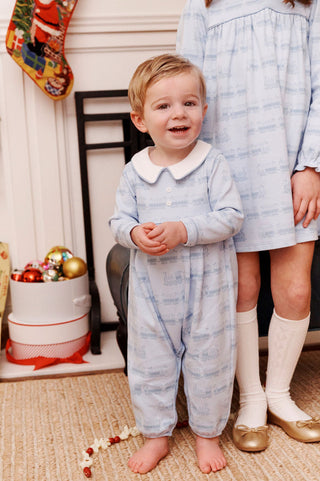 The Beaufort Bonnet Company Long Sleeve Bradford Romper - Blue Choo Choos with Worth Avenue White