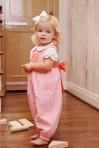 The Beaufort Bonnet Company Sleeveless Rebecca Romper -Sandpearl Pink & Mill Street Manor Mini Floral with Pumpkin