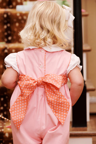The Beaufort Bonnet Company Sleeveless Rebecca Romper -Sandpearl Pink & Mill Street Manor Mini Floral with Pumpkin
