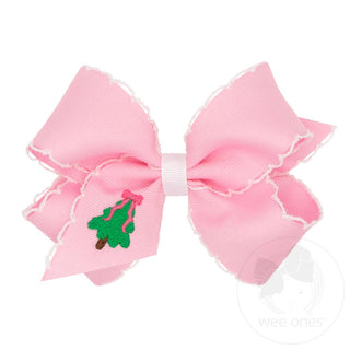Wee Ones Medium Moonstitch Embroidery Pink Hair Bow - Christmas Tree