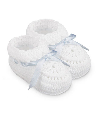 Hand Crochet Ribbon Bootie 1 Pair- White/Blue