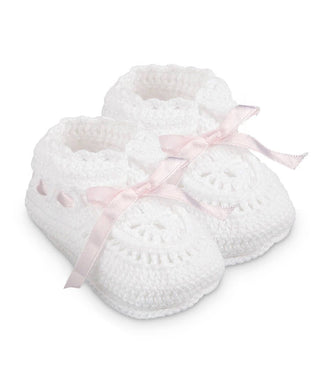 Hand Crochet Ribbon Bootie 1 Pair- White/Pink