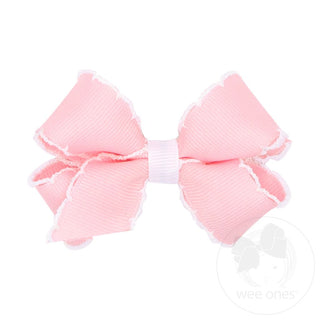 Wee Ones Mini Moonstitch Grosgrain Hair Bow with Contrasting Wrap Light Pink with White