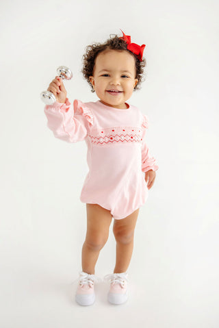The Beaufort Bonnet Company Long Sleeve Smocked Biltmore Bubble - Sandpearl Pink with Rosebud Smocking