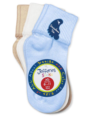 Socks Smooth Toe Turn Cuff Socks 3 Pair Pack- Blue/White/Tan