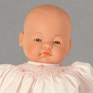Rosalina Baby Collections - Emma Bald with Brown Eyes Naked 15" Doll -Pink Roselle Smocked Doll Dress w/opt Bonnet