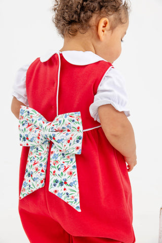 The Beaufort Bonnet Company Sleeveless Rebecca Romper -Richmond Red with Fair Street Floral Bow