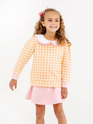 The Beaufort Bonnet Company Maude's Ruffle Cassidy Comfy Crewneck - Seashore Sherbet Gingham with Sandpearl Pink