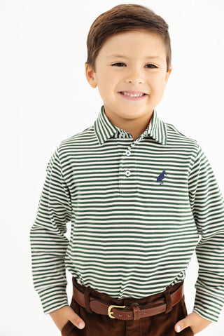 The Beaufort Bonnet Company Long Sleeve Prim & Proper Polo - Grier Green & Palmetto Pearl Stripe with Nantucket Navy Stork