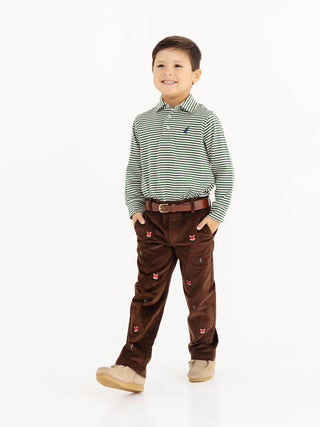 The Beaufort Bonnet Company Long Sleeve Prim & Proper Polo - Grier Green & Palmetto Pearl Stripe with Nantucket Navy Stork