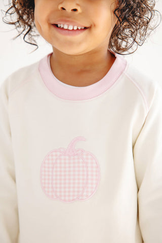 The Beaufort Bonnet Company Cassidy Comfy Crewneck - Palmetto Pearl with Palm Beach Pink & Pumpkin Applique