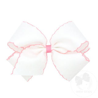 King Moonstitch Grosgrain Hair Bow with Contrasting Wrap- White with Light Pink