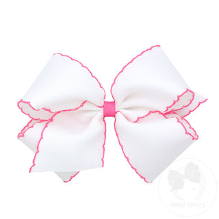 King Moonstitch Grosgrain Hair Bow with Contrasting Wrap- White with Hot Pink