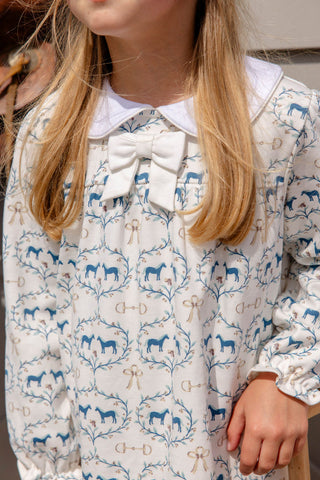 The Beaufort Bonnet Company Long Sleeve Banks Bow Dress - Horse Bits & Bows with Worth Avenue White