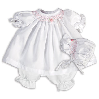 Rosalina Baby Collections - Abby Blue Eye 10" Doll - White with Pink Roselle Smocked Doll Dress w/ Bonnet