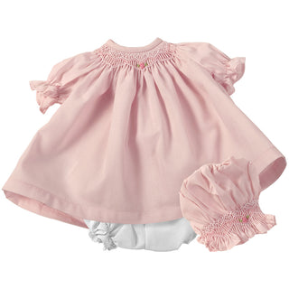 Rosalina Baby Collections - Emma Bald with Brown Eyes Naked 15" Doll -Pink Roselle Smocked Doll Dress w/opt Bonnet