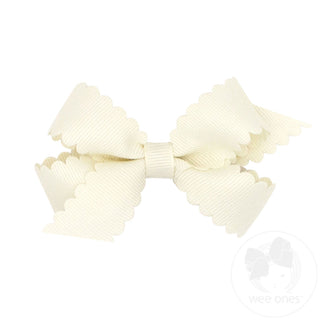 Wee Ones Mini Grosgrain Hair Bow with Scalloped Edge- Antique White