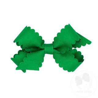 Mini Grosgrain Hair Bow with Scalloped Edge- Green