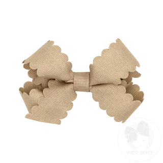 Wee Ones Mini Grosgrain Hair Bow with Scalloped Edge- Oatmeal