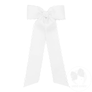 Medium Grosgrain Bowtie with Matching Moonstitch Edge, Knot Wrap and Streamer Tails- White