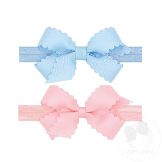 Wee Ones Two Mini Scallop Bows With Bands- Blue and Light Pink