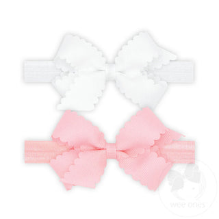 Two Mini Scallop Bows With Bands- White and Light Pink