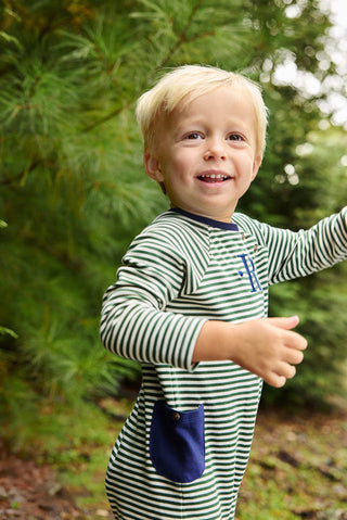 The Beaufort Bonnet Company Rayburn Romper -Grier Green Stripe with Nantucket Navy