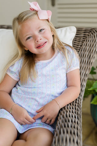 James and Lottie Pima Knit Play Dress - Blue Floral Scallop