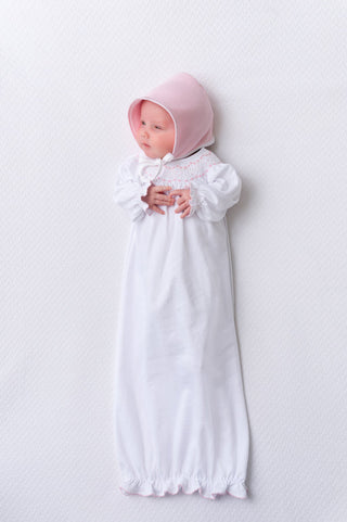 The Beaufort Bonnet Company Sweetly Smocked Greeting Gown - Worth Avenue White with Palm Beach Pink