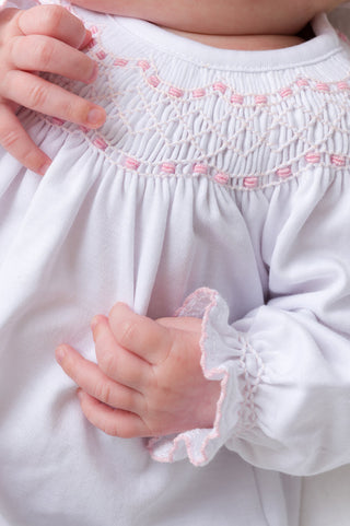 The Beaufort Bonnet Company Sweetly Smocked Greeting Gown - Worth Avenue White with Palm Beach Pink