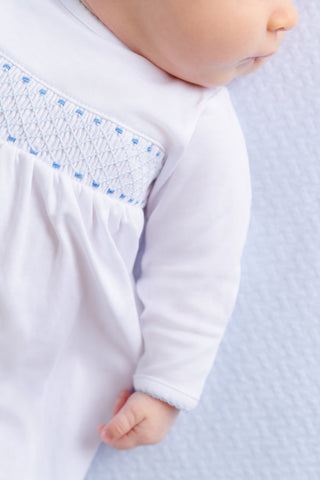 The Beaufort Bonnet Company Sweetly Smocked Greeting Gown - Worth Avenue White with Buckhead Blue