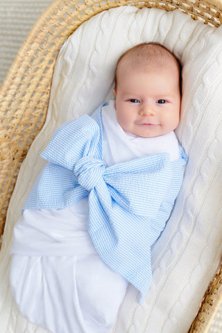 The Beaufort Bonnet Company Bow Swaddle - Breakers Blue Seersucker