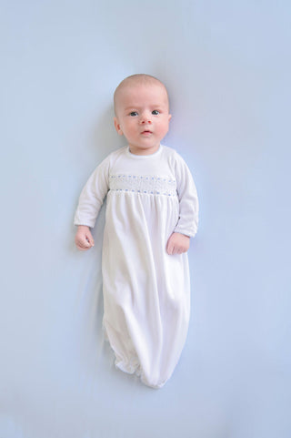 The Beaufort Bonnet Company Sweetly Smocked Greeting Gown - Worth Avenue White with Buckhead Blue