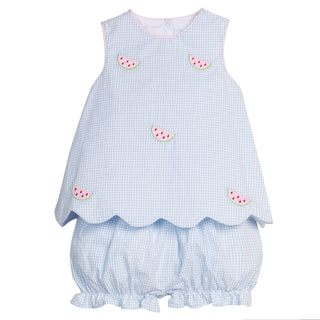 Little English Embroidered Bow Back Bloomer Set - Watermelon