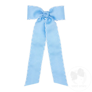 Medium Grosgrain Bowtie with Matching Moonstitch Edge, Knot Wrap and Streamer Tails- Millennium Blue