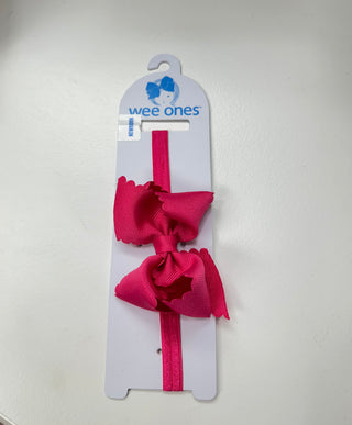 Wee Ones Extra Small Scalloped Edge Grosgrain Hair Bow on Matching Elastic Band - Shocking Pink