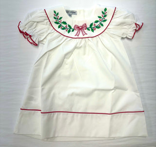 White Embroidered Wreath and Red Bow Dress