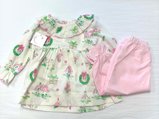 Pink and Green Christmas Theme Print Pants Set